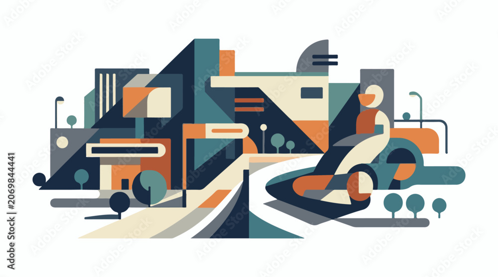 Fototapeta premium A vibrant cityscape features bold geometric shapes in shades of blue, orange, and beige