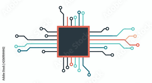 A vibrant circuit board illustration with a central square and colorful lines
