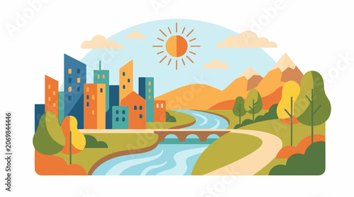 A vibrant cityscape meets a serene natural landscape with a river and bridge