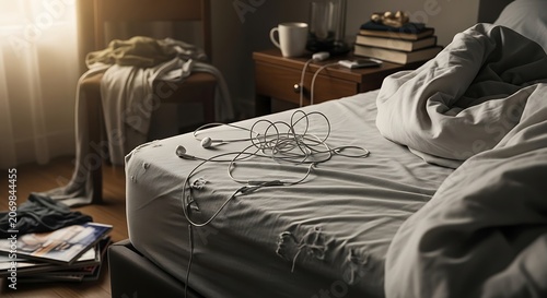 messy bed with tangled cables.