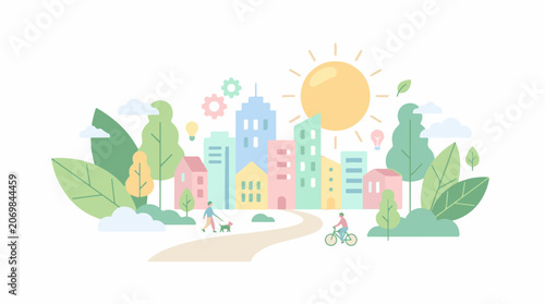 A vibrant cityscape with a sunny day and people engaging in outdoor activities