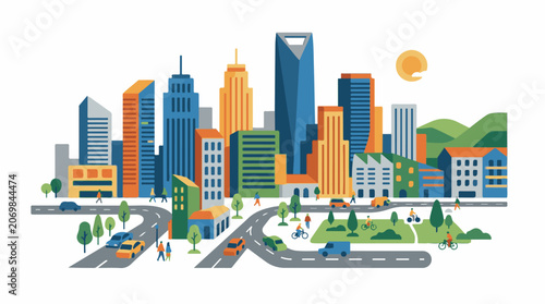 A vibrant cityscape with diverse buildings, roads, trees, people, and vehicles