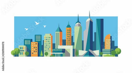 A vibrant cityscape with modern skyscrapers and lush greenery under a clear blue sky