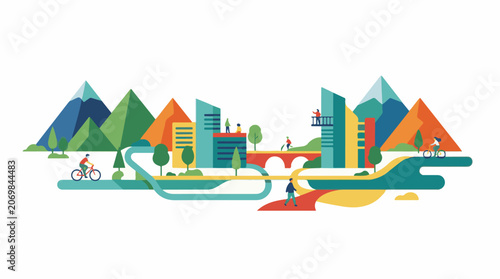 A vibrant cityscape with mountains and people engaging in outdoor activities