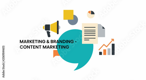 A vibrant graphic illustration depicting marketing and branding through content marketing