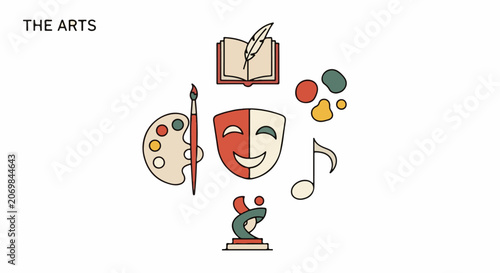 A vibrant graphic illustration of artistic symbols