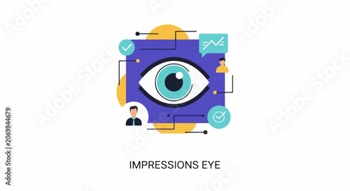 A vibrant graphic illustration of an eye surrounded by icons