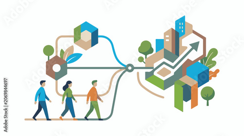 A vibrant illustration depicts people walking alongside a winding path