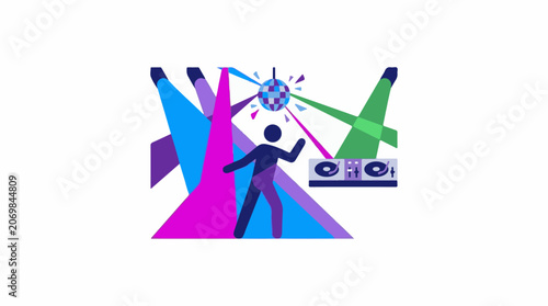 A vibrant illustration of a DJ with a disco ball and speakers