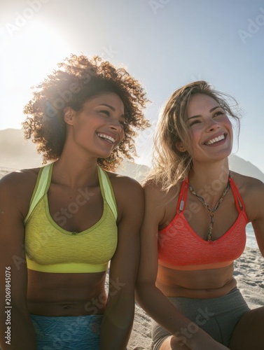 Friendly fitness companions on beach
