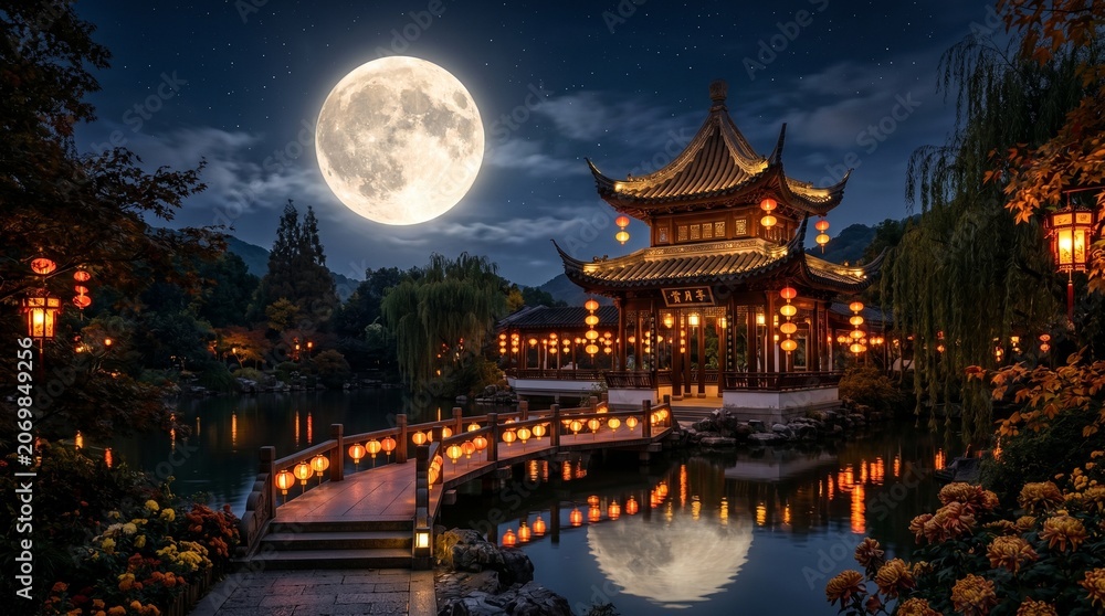 Obraz premium Mid autumn festival celebration collection pavilion in moonlight