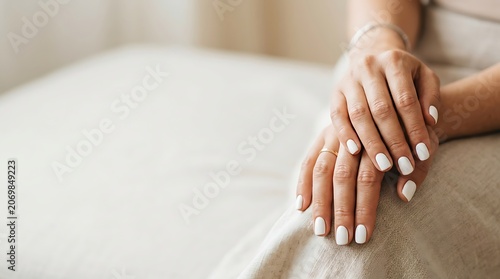 Woman hands with white manicure resting on her knee