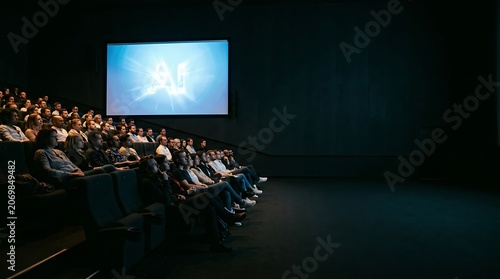 Audience in a cinema watching a glowing ai graphic on a large screen