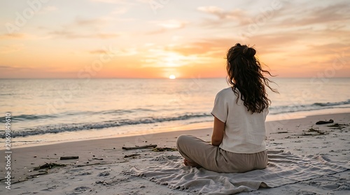 Woman sits cross-legged on beach towel watching sunset over calm ocean waves