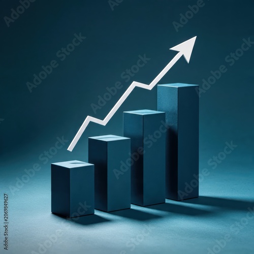 Blue bar graph showing upward trend with white arrow indicating growth, profit increase and financial success concept