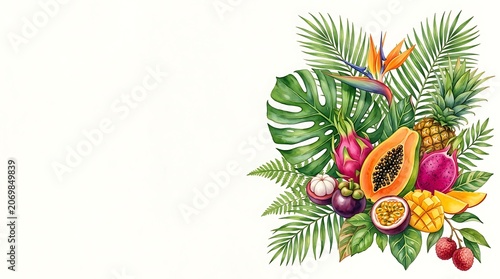 Vibrant watercolor tropical fruit and exotic leaves border