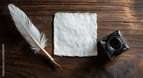 a overhead view of a textured, cream colored, rectangular piece of paper with deckle edges, positioned in the middle of a dark wood surface