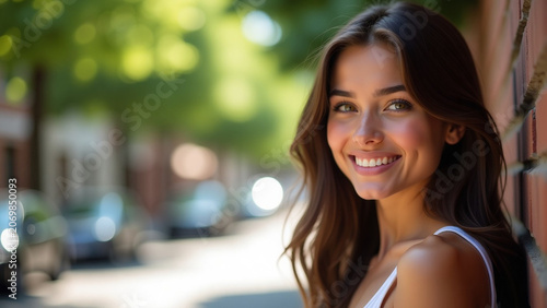 Style concept nature landscape iteration Young beautiful brunette girl in summer street ar beautiful modern
