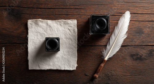 a overhead view of a textured, cream colored, rectangular piece of paper with deckle edges, positioned in the middle of a dark wood surface