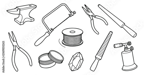 Jewelry Making Tools Collection, Goldsmith Equipment Set, Crafting Supplies, Metalworking Instruments, Artisan Workshop Essentials, Vector Illustration