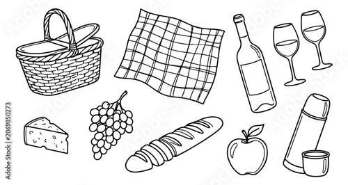 Hand-Drawn Picnic Elements Vector Set: Basket, Wine Bottle, Grapes, Bread, Cheese, Apple, Glasses, Thermos, Blanket. Whimsical Outline Illustration for Outdoor Dining & Summer Leisure.