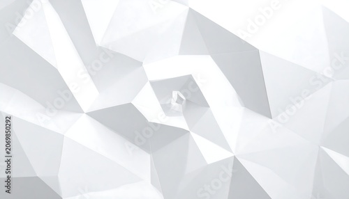 A stark, abstract white image with interconnected, angular shapes creating a spiral vortex effect toward a central point