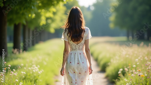 Creative design style Young iteration beautiful brunette woman in white flowers dress walking on ar