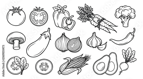 Fresh Vegetable Illustrations, Hand-Drawn Line Art Collection: Tomato, Bell Pepper, Asparagus, Broccoli, Eggplant, Onion, Garlic, Chili, Corn, Avocado, Radish, Mushroom, Spinach, Cucumber