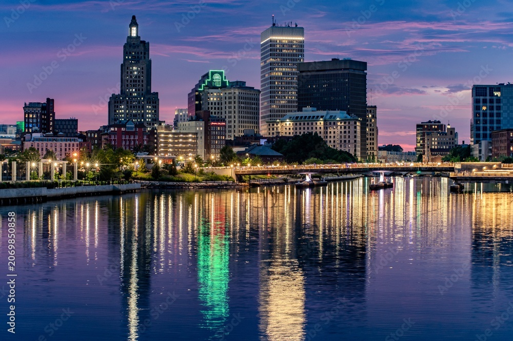 Fototapeta premium Providence Skyline Reflections At Colorful Blue Hour