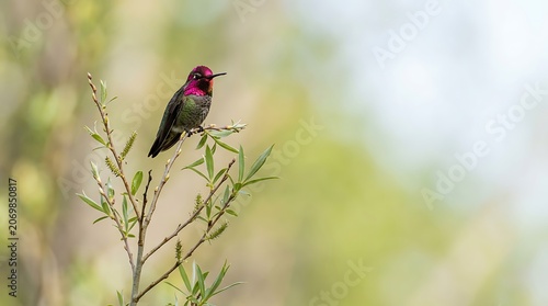 Hummingbird with pink iridescent throat perched on a branch