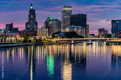 Providence Skyline Reflections At Colorful Blue Hour