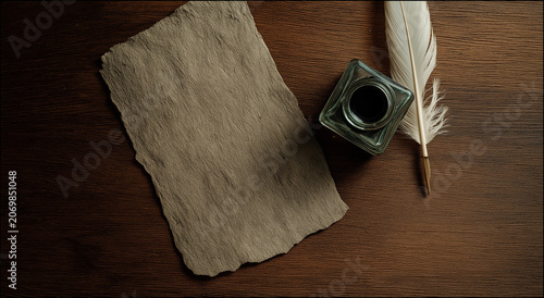 a overhead view of a textured, cream colored, rectangular piece of paper with deckle edges, positioned in the middle of a dark wood surface