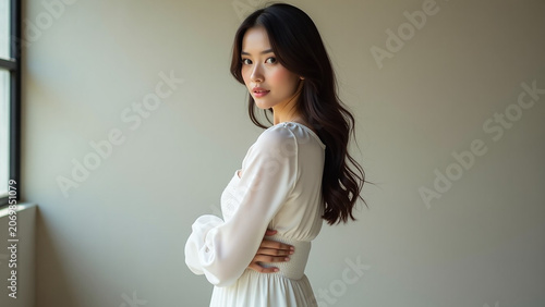 Beautiful modern house creative iteration design Young beautiful model in a white short dress with