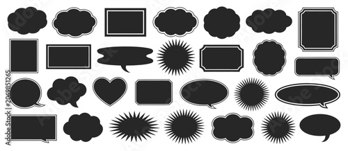 Photos Red fluffy cloud label shapes set, squishy speech bubbles, wavy sticker badges, cute promo text boxes, soft cartoon UI elements, vector illustration