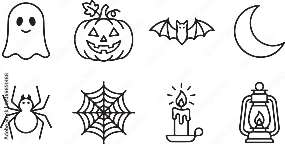 Fototapeta premium Halloween-themed icons set with ghost, pumpkin, and bat