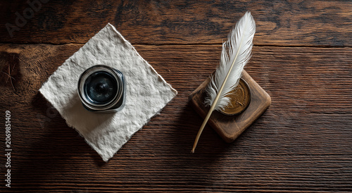 a overhead view of a textured, cream colored, rectangular piece of paper with deckle edges, positioned in the middle of a dark wood surface