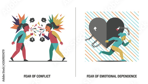 Psychology concepts showing fear of conflict and fear of emotional dependence with illustrative cartoon scenes.