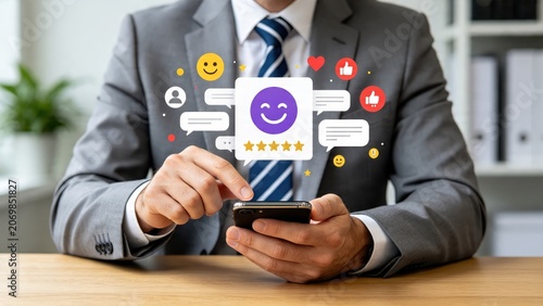 Professional businessman using smartphone with digital customer satisfaction icons, positive feedback