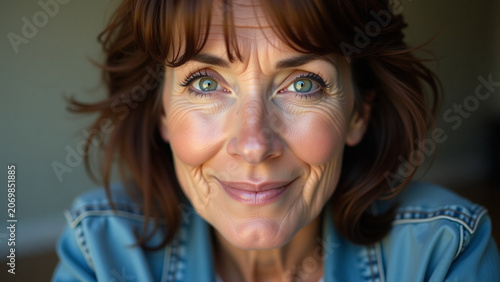 Creative design Close up iteration portrait of a middle aged woman in denim jacket ar