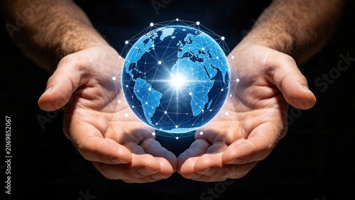 Hands holding glowing digital earth globe with network connections, global communication technology concept