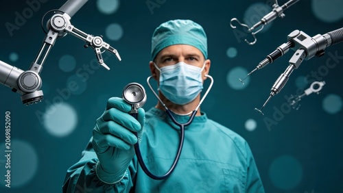 Male surgeon doctor holding stethoscope surrounded by robotic surgical arms, advanced medical technology and healthcare innovation concept
