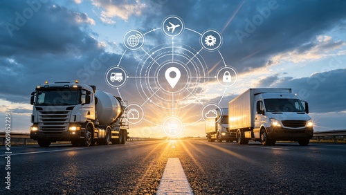 Smart logistics and supply chain management with trucks on highway at sunset, digital network icons overlay, transportation technology concept, delivery service automation