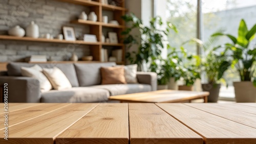 Empty wooden table in modern living room interior with blurred background, grey sofa green plants shelves natural light, cozy home decor mockup space