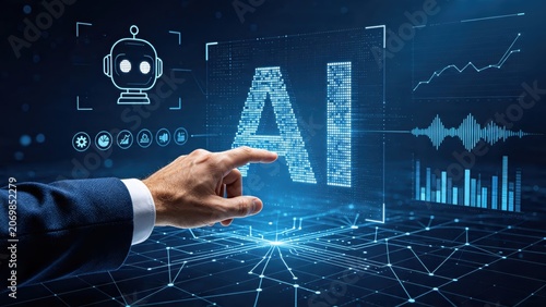 Hand touching artificial intelligence interface on futuristic screen, AI technology concept with robot icon and data analytics