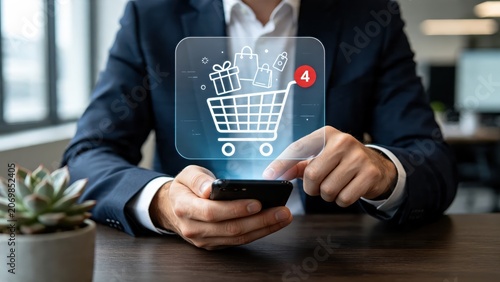 Businessman using smartphone for online shopping with holographic cart interface, digital commerce and e-commerce technology concept in modern office environment