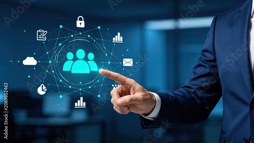 Executive hand interacting with virtual network management icons for cloud computing security analytics and team collaboration in modern office
