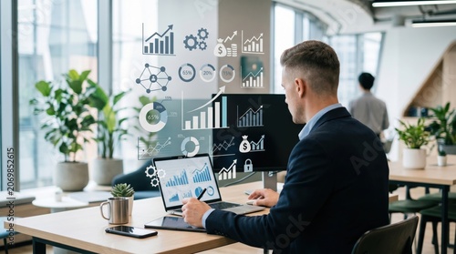 Businessman analyzing financial data, charts and graphs on screen, modern office workspace, corporate strategy planning concept, digital technology in business environment