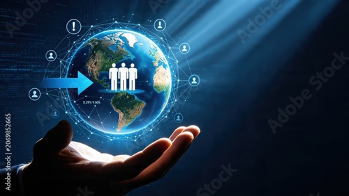 Hand holding glowing earth globe with network connections, global communication concept, world map with social media icons, international business connectivity