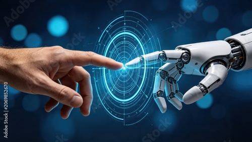 Human hand touching robotic finger with digital interface, artificial intelligence connection, future technology concept, cyborg interaction