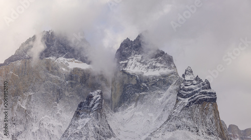 a close up shot of the cuernos del paine on a stormy autumn morning at torres del paine national park in patagonia, chile